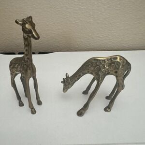 Vintage Set of 2 Brass Giraffe Figurines 5" Standing and 3" Grazing 'interpur'